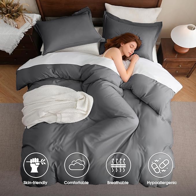 FreshCulture Twin Duvet Cover - 2 Pieces Microfiber Duvet Cover Set with Zipper Closure - Lightweight & Easy Care - 1 Comforter Cover & 1 Pillow Sham - Comforter Not Included (Dark Grey)