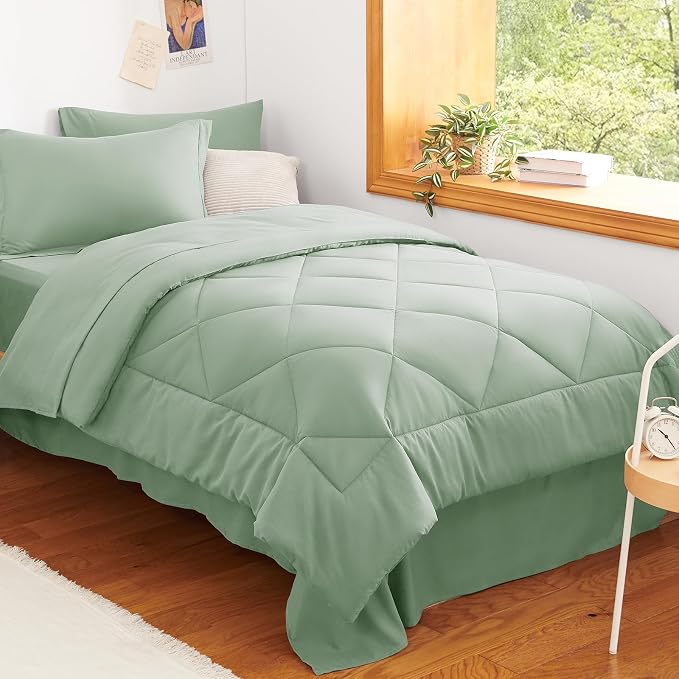 Twin Comforter Set with Sheets Sage Green - 5 Pieces Bed in a Bag | OEKO-TEX Certified, All Season, Teen, Single, Dorm, 240GSM Down-Alternative Comforter, Sheets, Pillowcase & Sham, Easy Care