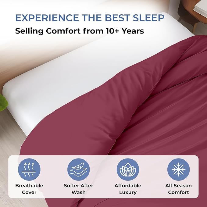 1 Pc Duvet Cover King Size-100% Egyptian Cotton 600 Thread Count Ultra Soft Premium Durable Comforter Cover Zipper Closure & Corner Ties - (Red Burgundy, 104" X 94")