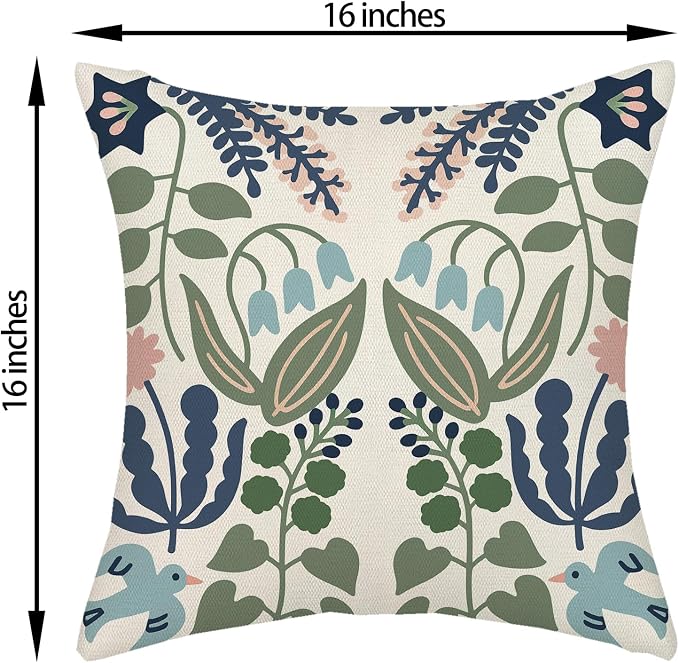 Navy Blue Boho Pillow Covers 16x16 Inch 2 Pcs Sage Green Floral Decor Throw Pillows Vintage Flower Seasonal Spring Summer Outdoor Decoration Pillowcase Linen Cushion Cover for Couch Sofa