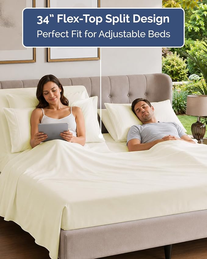 Flex Top Split Head King 6 Piece Sheet Set - Soft & Cooling - Off White | Ultra Soft Hotel Luxury Bedding Set w/ 8-16 Inch Deep Pockets, 1 Flat & 1 Split-Head Fitted Sheet & 4 Pillowcases, Fade Free