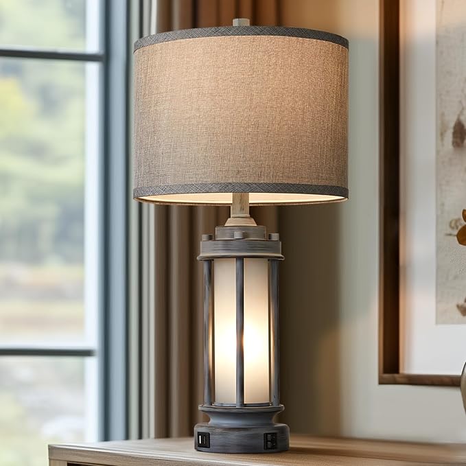 AIEAMPDO 25" Rustic Farmhouse Nightstand Lamp with 2 USB C+A Ports | Rustic Vintage Antique Retro Design With Light Green Glass Nightlight. Table Lamp for Bedroom Living Room, 2 Bulbs Included