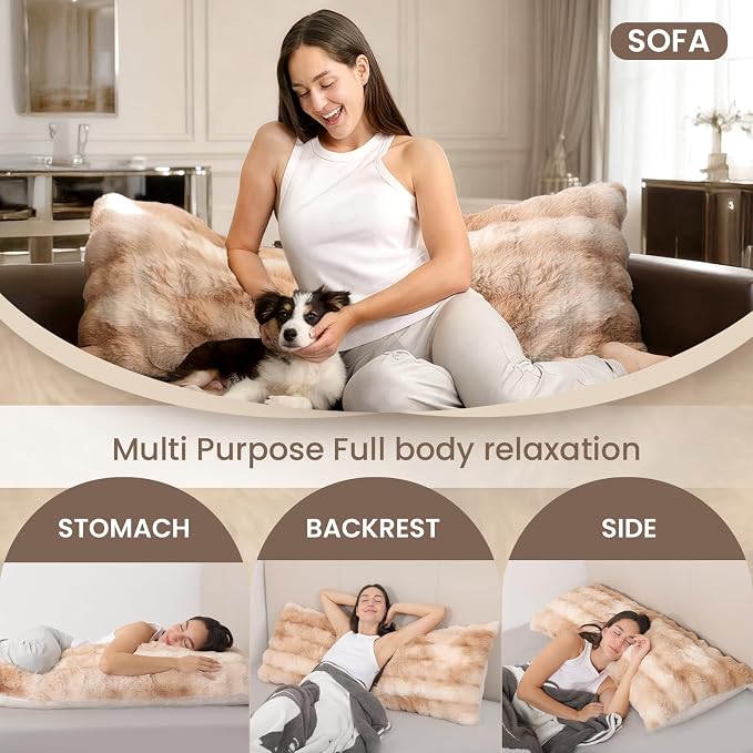 ZonLi Fluffy Body Pillow for Adults, Fuzzy Faux Fur Long Pillow with Shredded Memory Foam, Adjustable Support for Side Sleepers, Gifts, 20 x 54 Inch, Light Tan