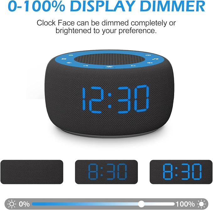 Buffbee Sound Machine & Alarm Clock 2-in-1, Bedroom Sleep Clock | 0-100% Clock Face Brightness, Bottom Colored Light, Sleep Timer, Precise 30-Level Volume Control White Noise Machines