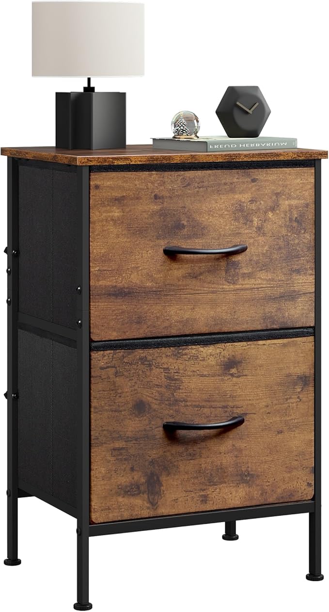 WLIVE Night Stand, Small Dresser with 2 Drawers & Wooden Top, Nightstand with Fabric Bins, Bedside Table End Table for Bedroom, Closet, Entryway, College Dorm, Rustic Brown