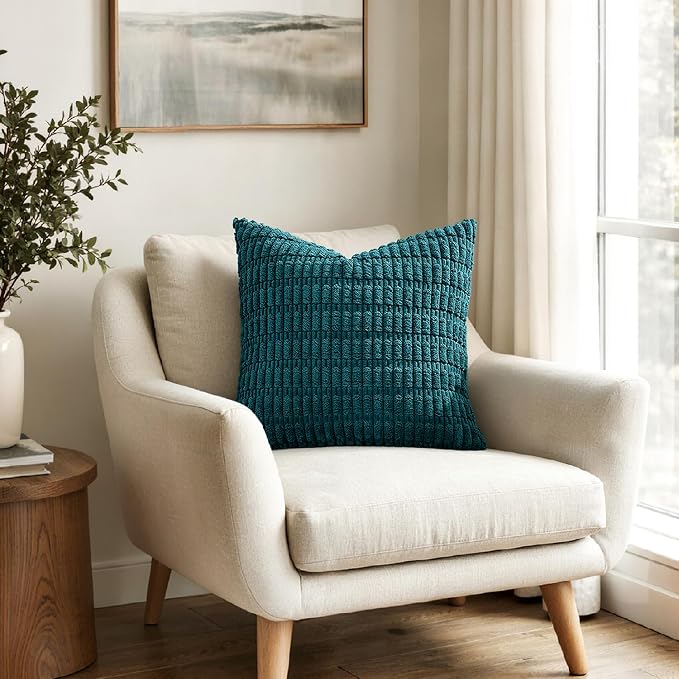 MIULEE Corduroy Decorative Throw Pillow Covers 20x20 Teal Pack of 2 | Soft Boho Striped Pillow Covers Modern Farmhouse Coastal Home Decor For Sofa Living Room Couch Bed
