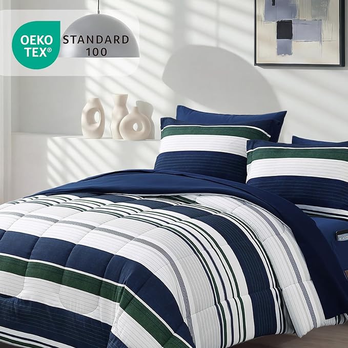 Monbix Queen Comforter Set-7 Pieces Striped Bed in a Bag Queen Bedding Sets | All Season Indigo Blue Reversible Soft Comforter Bed Set with Sheets, Pillowcases & Shams