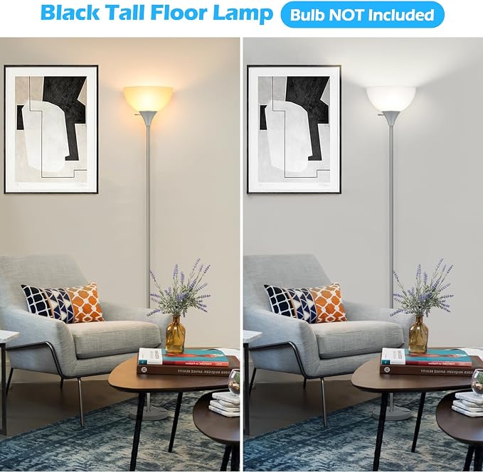 Coucrek Floor Lamp, LED Standing Lamps with White Plastic Shade, Corner Floor Lights for Living Room Bedroom, Rotary Switch, Bulb not Included, Grey