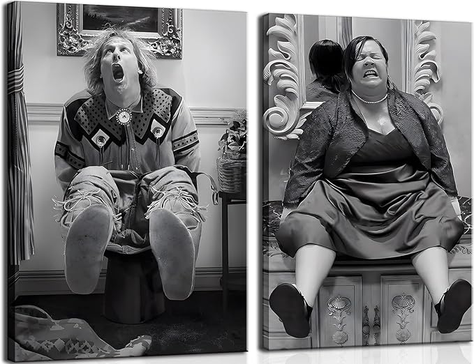 Funny Bathroom Wall Art Set of 2 - Black and White Vintage Humor Wall Decor, Dumb And Dumber Movie Posters Art, Funny Bathroom Decor Canvas Wall Art 16x24in Framed