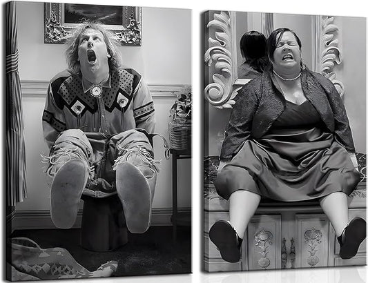 Funny Bathroom Wall Art Set of 2 - Black and White Vintage Humor Wall Decor, Dumb And Dumber Movie Posters Art, Funny Bathroom Decor Canvas Wall Art 16x24in Framed