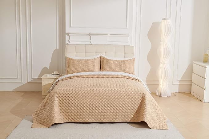 Legacy Decor Bedspread Coverlet 3 Pcs Set Oversized 100" W x 106" L Queen Size Beige Color
