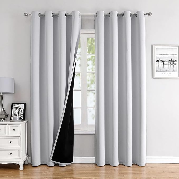 ChrisDowa 100% Blackout Curtains for Bedroom 84 Inches Long 2 Panels Set | 2 Thick Layers, Thermal Insulated, Light Blocking, Grommet, Window Treatment, Living Room Drapes, Greyish White, 52 x 84 Inch