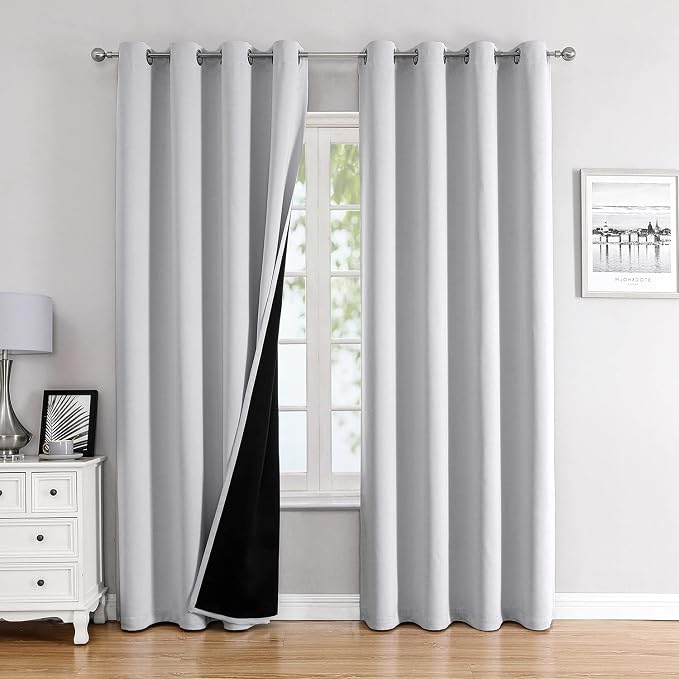 ChrisDowa 100% Blackout Curtains for Bedroom 80 Inches Long 2 Panels Set | 2 Thick Layers, Thermal Insulated, Light Blocking, Grommet, Window Treatment, Living Room Drapes, Greyish White, 52 x 80 Inch