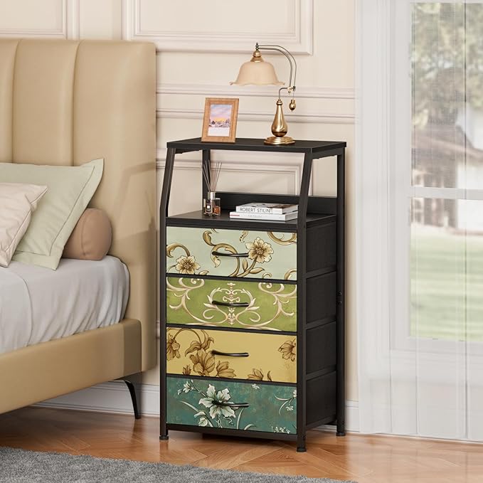 Furnulem Retro Small Dresser for Bedroom, Tall Nightstand with 4 Drawers | Vintage Dorm Fabric Bedside Table Side Furniture, Storage Organizer for Closet with Metal Frame, Wood Top, 2-Tier Shelf