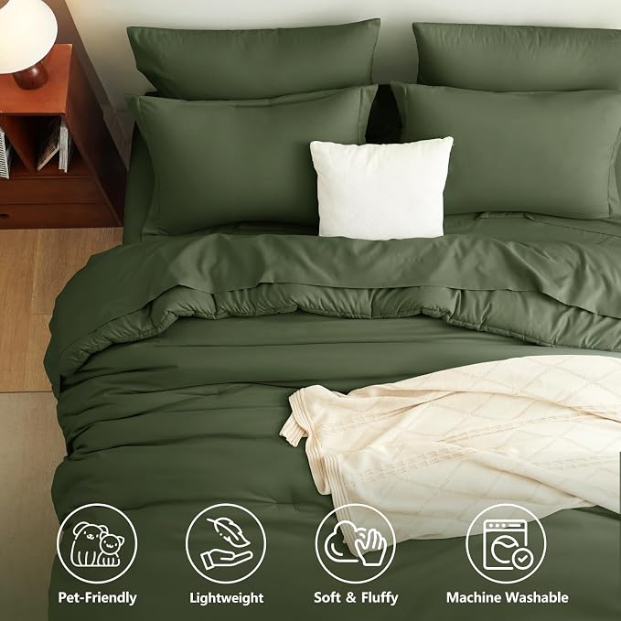 Oversized Queen Comforter Set Olive Green, 7 Pieces Bed in a Bag | OEKO-TEX Certified, All-Season, Bedroom, 240GSM Down Alternative Comforter, Flat & Fitted Sheets, 2 Pillowcases & 2 Shams