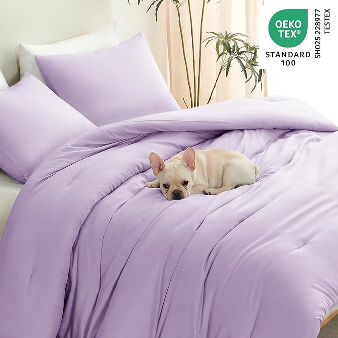 Oversized King Comforter Set, 3 Pieces Lavender Quilted Bedding | 270 GSM Down Alternative Fill, 4 Corner Ties for Duvet Insert Use, All Season, OEKO-TEX Certified, 2 Pillowcases, 120 x 98 in