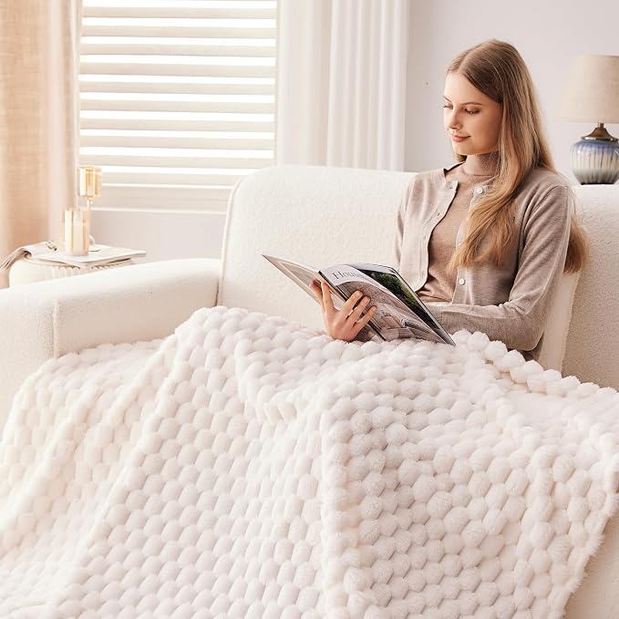 NEWCOSPLAY Fleece Clouds Cozy Twin Blanket for Couch, Ivory, 60"x80" | Premium Silky Flannel Blanket, Soft Lightweight Fluffy Throw Blanket for Bed Sofa Decor, Gift for All Season Use