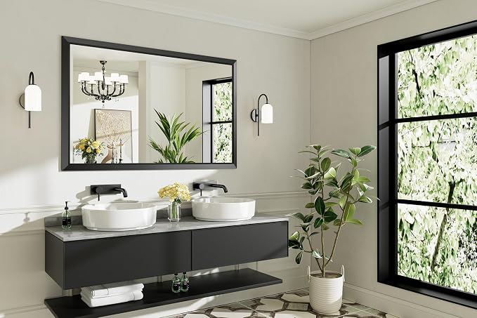 Black Metal Framed Bathroom Wall Mirror, 55x36 Inch | Anti-rust, HD tempered glass, for bathroom vanity, bedroom, living room, horizontal or vertical mount