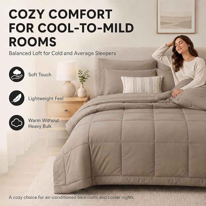 Queen Comforter Set Khaki - 7 Pieces Bed in a Bag | OEKO-TEX Certified, All-Season, Bedroom, Guest Room, Down-Alternative Comforter + Flat & Fitted Sheets + 4 Pillowcases
