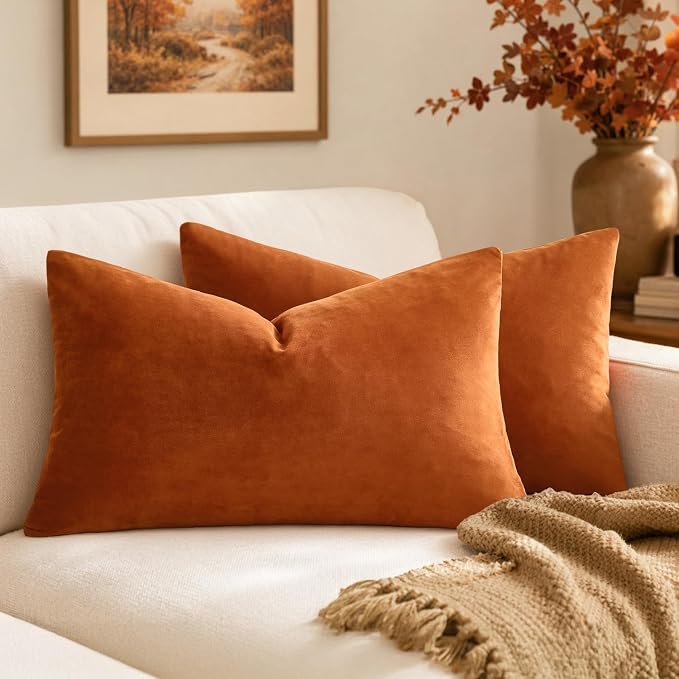 MIULEE 12x20 Inch Lumbar Velvet Fall Throw Pillow Covers Orange | Pack of 2 Soft Solid Decorative Pillow Covers, Modern Luxury Home Decor, for Chair Couch Sofa Bedroom Livingroom