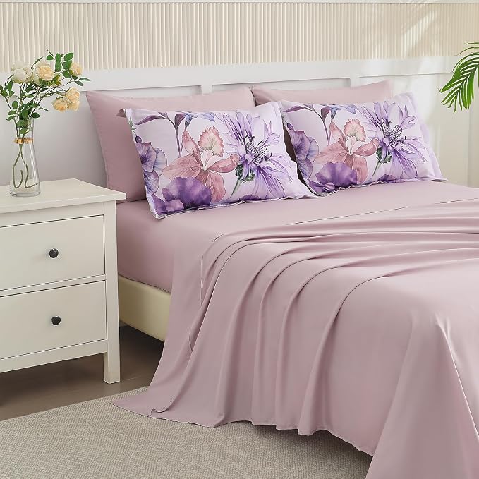 Yogeneg King Size Comforter Set 7 Piece Bed in a Bag,Elegant Floral Botanical Pattern Purple Bedding Set,Soft Microfiber Comforter with Sheet Set,All Season Bed Set(Purple Floral,King)