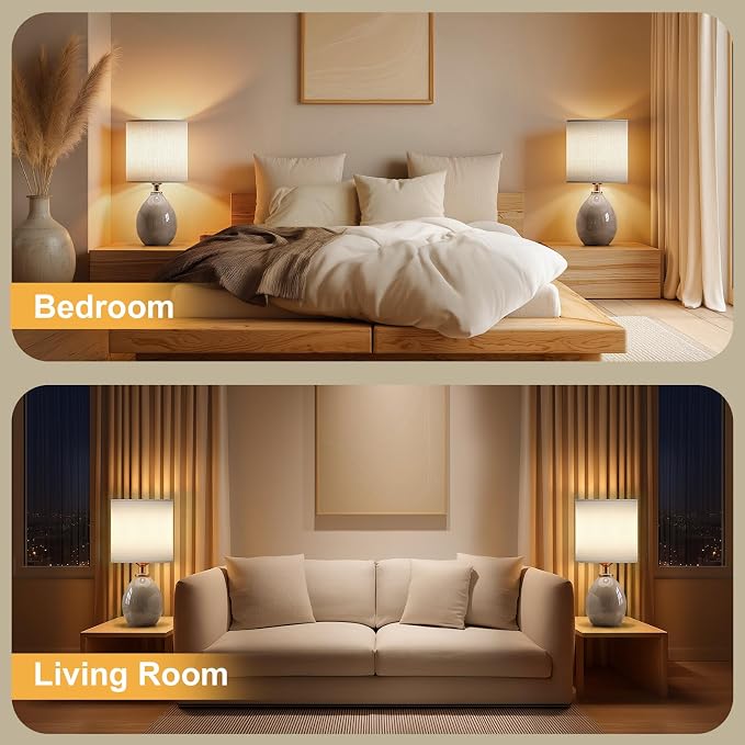 18.5" Ceramic Table Lamps Set of 2 for Living Room Bedroom, Grey | Bedside Lamps for Bedroom Nightstand, Ice Crackle Home Bedroom Living Room Decor, Linen Fabric Shade, 3-Color Temperature