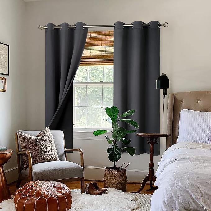 BGment Thermal Insulated 100% Blackout Curtains for Bedroom with Black Liner, Double Layer Full Room Darkening Noise Reducing Grommet Curtain (42 x 72 Inch, Dark Grey, 2 Panels)