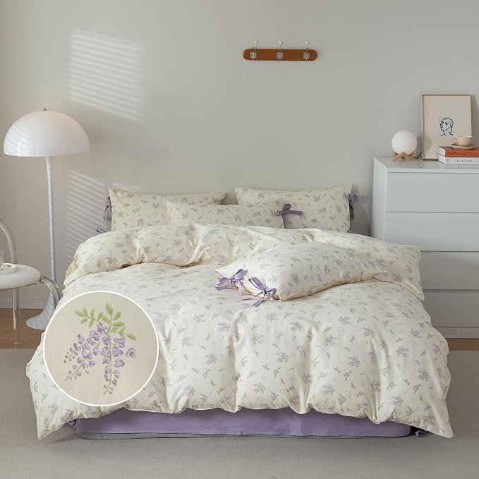 mixinni Lavender Flower Duvet Cover Queen Cotton Teenage Girls Flower Leaf Print 3pc Soft Cottage Ribbon Bedding Set Comforter Cover with Bowknot Pillowcase Perfect for Girls- (3pcs, Queen Size)