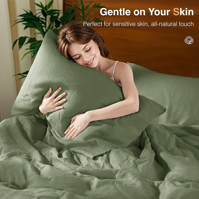 SONORO KATE 100% French Linen King Duvet Cover Set,Zipper Closure,3PC | Natural French Flax,Soft Breathable for Hot Sleepers,Moisture Wicking & Durable,4 Corner Ties,Olive Green