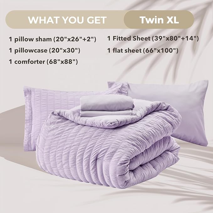 HYMOKEGE Lavender Twin XL Comforter Set Seersucker 5 Pieces, All Season Luxury Bed in a Bag for Bedroom, Bedding Set with Comforter, Sheets, Pillowcase & Sham