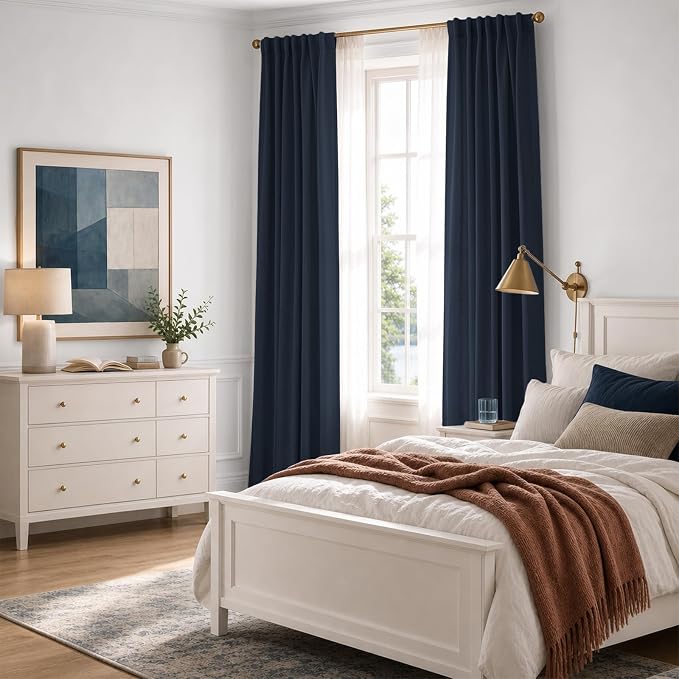 INOVADAY 100% Blackout Linen Curtains for Bedroom 50x72 Inches Navy Blue | Linen Textured, Light Blocking, Room Darkening, Thermal Insulated, Back Tab Top, Window Curtains for Living Room, 2 Panels