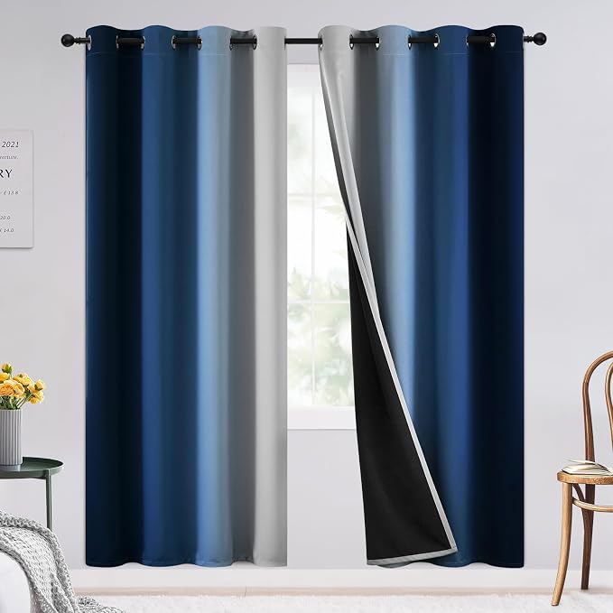 SimpleHome 100% Blackout Ombre Bedroom Curtains Blue and Greyish White,72L | Room Darkening Curtains,Thermal Insulated Grommet Window Drapes and Curtains for Living Room,2 Panels, 52x72 inches Length