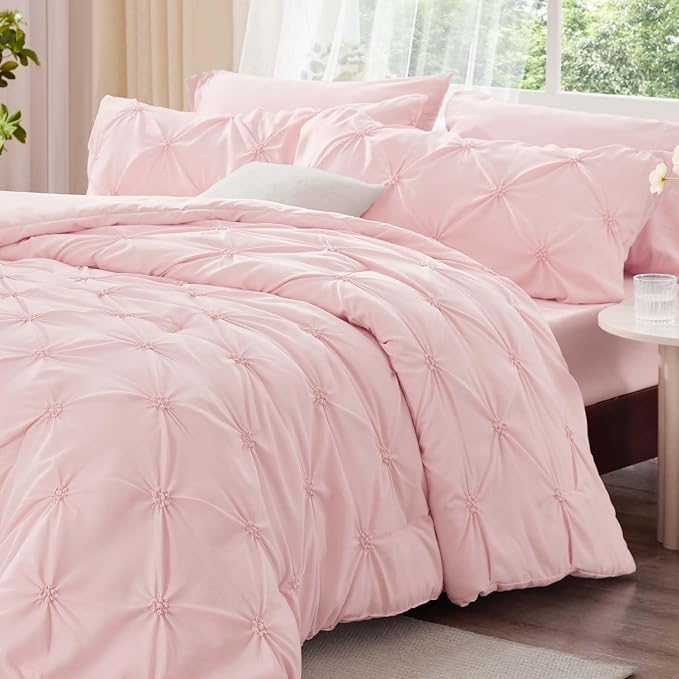 BEDELITE King Comforter Set Baby Pink,Lightweight & Soft Comforter | Pintuck Boho Bedding, Warm & Cute Bed Set for All Season,With 2 Pillowcases