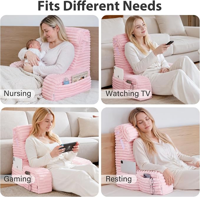 ENITYA 22" XL Back Pillow for Bed Sitting Up with Armrests & Big Pockets | Supportive Reading Pillow with Removable Washable Cover, Ideal for Bedroom, Living Room, Dorm, Modern Style, Pink