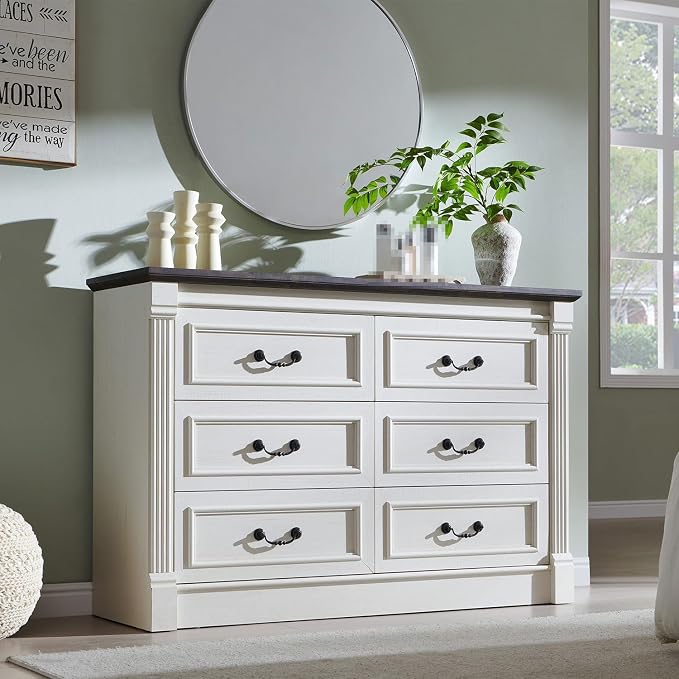 Aitjunz Farmhouse 47'' Wide 6 Drawer Dressers for Bedroom, Antique White | Chests of Drawers w/Roman Columns, Horizontal Wooden TV Stand Dresser w/Metal Handle for Bedroom, Hallway, Living room