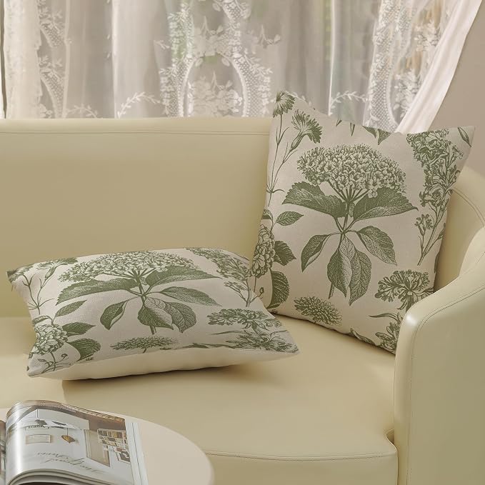 Sage Green Pillow Covers 22x22 Inch 2 Pcs Boho Vintage Floral Decor Throw Pillows Hydrangea Flower Seasonal Outdoor Farmhouse Neutral Accent Decoration Pillowcase Linen Cushion Cover for Sofa