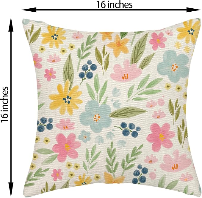 Outdoor Pillow Covers 16x16 Inch 2 Pcs Watercolor Pink Green Flower Spring Decor Throw Pillows Vintage Floral Summer Outdoor Seasonal Decoration Pillowcase Linen Cushion Cover for Couch Sofa