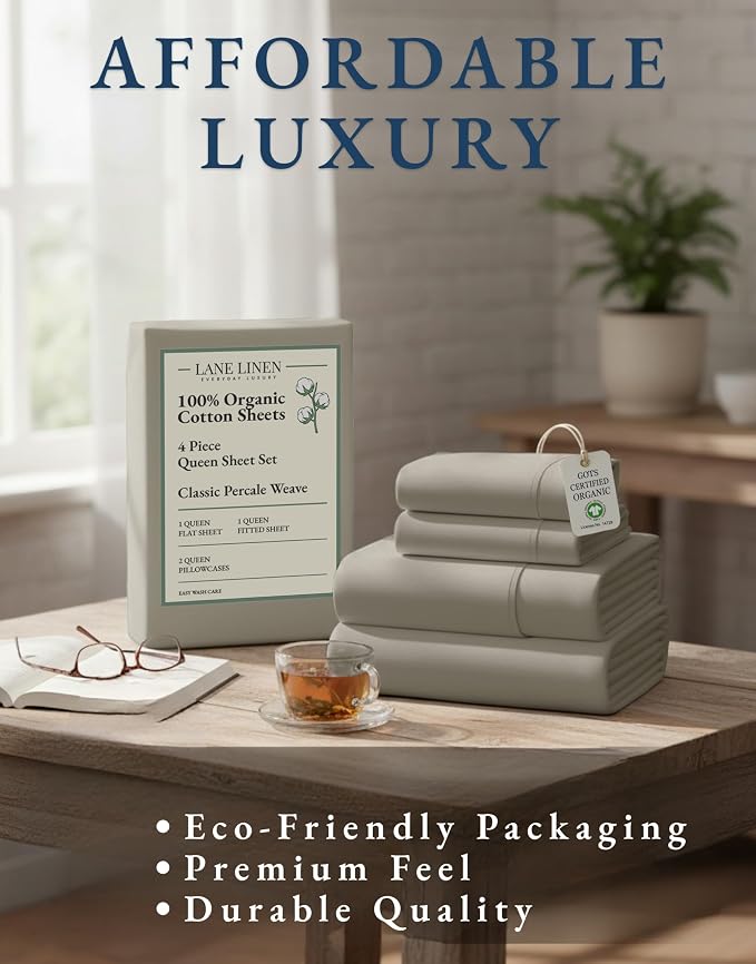 Lane Linen Queen Bed Sheets 100% Organic Cotton Percale Cooling - Silver