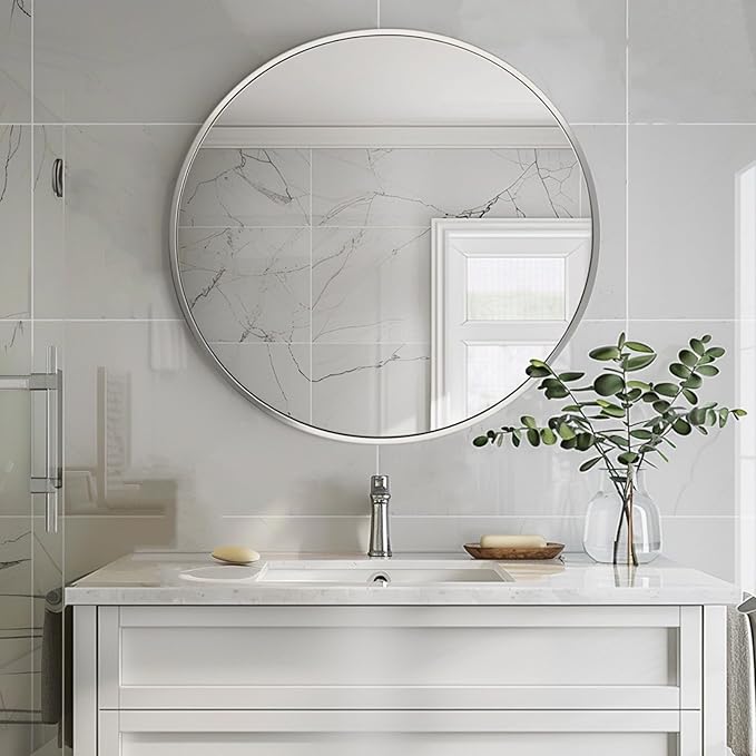 Large Round Mirror,30 inch Circle Mirror,Brushed Silver Metal Frame | High Definition Mirror, Rust-resistant, Easy Installation, Circular Mirrors for Living room Cloakroom, Hallway, Bathroom