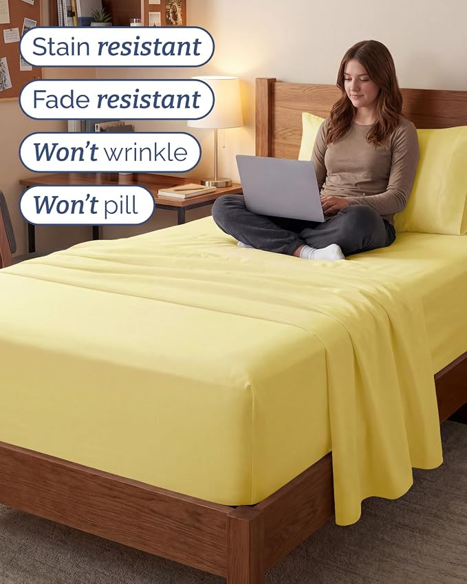 Extra Deep Twin XL Sheet Set - 3 Piece College Dorm Room - Yellow | Soft, Breathable & Cooling, Easily Fits 18 to 24 inch Mattress, Wrinkle Free & Fade Resistant with Extra Deep Pockets