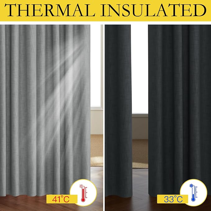 NICETOWN 100% Absolutely Blackout Linen Curtains with Thermal Insulated White Liner, Dove Grey, W52, 2 Pieces, Noise Reducing Textured Linen Look Curtains for Windows 120 inch Length for Classroom