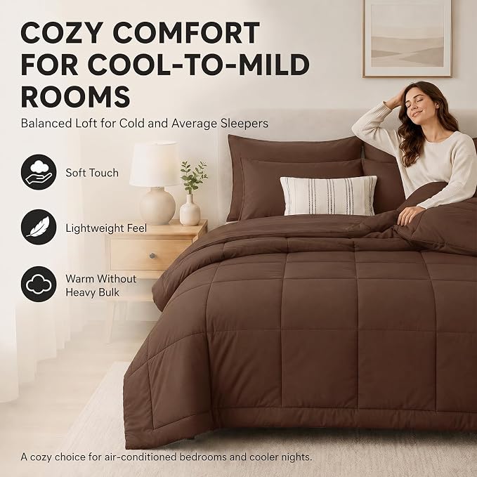 King Size Comforter Set Brown - 7 Pieces Bed in a Bag | OEKO-TEX Certified, All-Season, Bedroom, Guest Room, Down-Alternative Comforter + Flat & Fitted Sheets + 4 Pillowcases