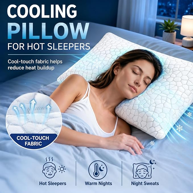 SUPA MODERN Cooling Pillow Standard Size 1 Pack, CertiPUR-US Shredded Memory Foam Pillows, Cool Bed Pillows for Hot Sleepers, Adjustable Firm Pillow for Side,Back,Stomach Sleepers, Better Sleep