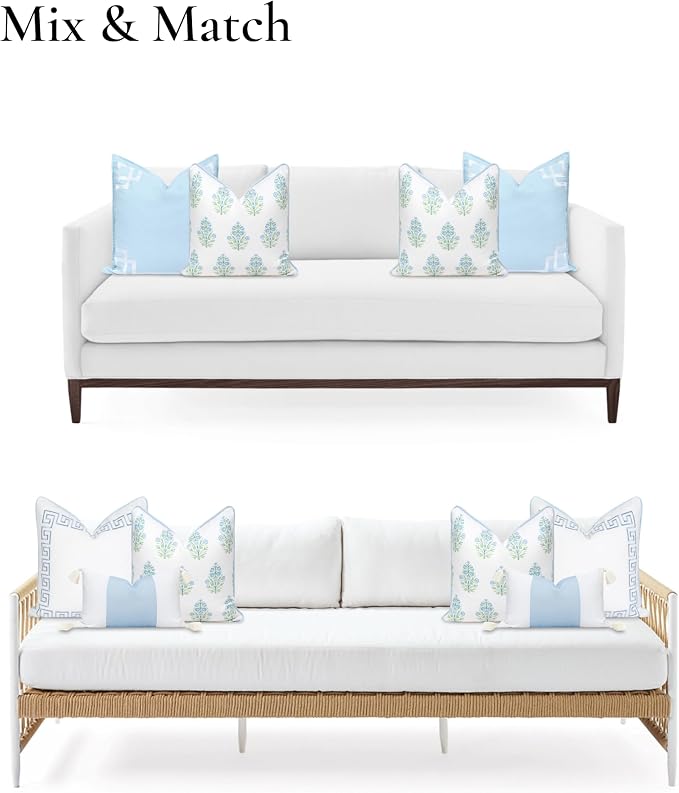 Hofdeco Premium Coastal Patio Indoor Outdoor Throw Pillow Cover Only, 18"x18" Water Repellent for Backyard, Couch, Baby Blue Green Floral with Piping (Pack of 2)