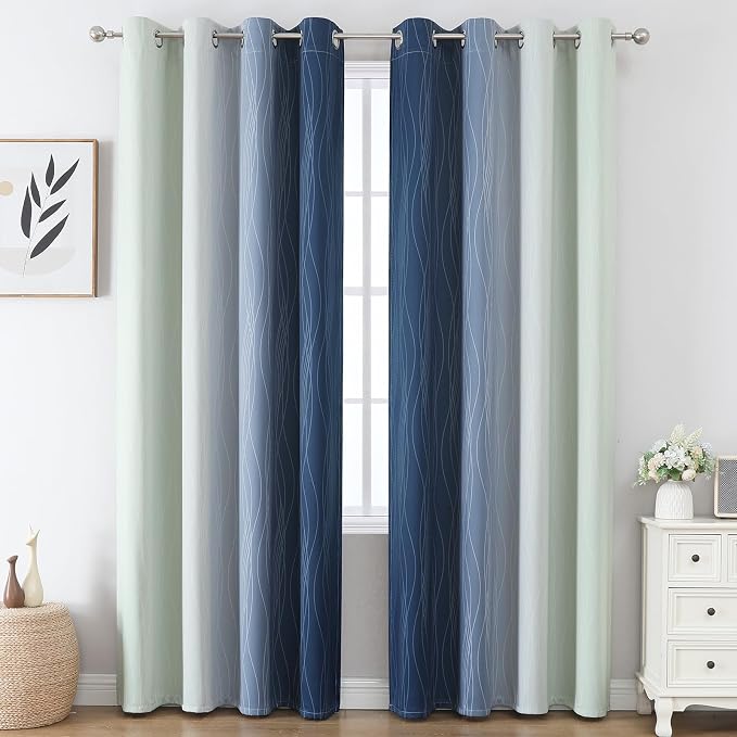 Sage Green and Navy Blue Ombre Blackout Curtains for Living Room 108 Inch | Estelar Textiler Thermal Insulated Drapes for Bedroom,Full Room Darkening Gradient Grommet Window Drapes,52Wx108L,2 Panels