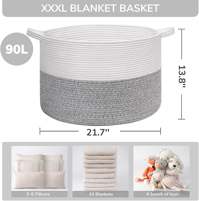 INDRESSME XXXLarge Woven Rope Blanket Basket Living Room Light Grey, 90L | 21.7" x 13.8" Storage baskets for toys laundry & pillows. Fits living room, bedroom or nursery décor. Soft-touch with handles
