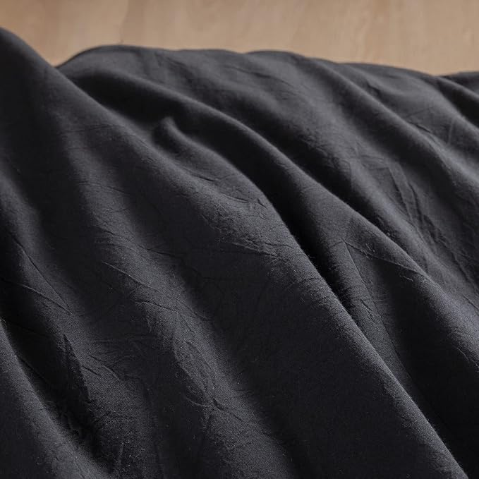 BESTOUCH Cotton Solid Duvet Cover Set Linen Feel Deep Black Oversized King | 100% Washed Cotton, Soft Wrinkle Texture, Hidden Zipper, 8 Ties, Breathable Lightweight Durable Comfy, 3 Pcs No Insert