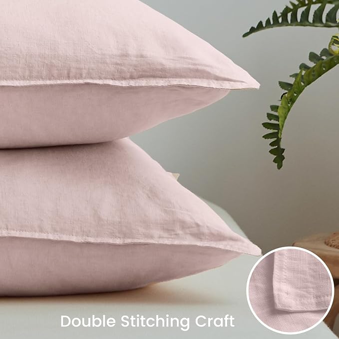 Simple&Opulence 100% Washed Linen Euro Shams 26'' x 26'' Pack of 2, Basic Style Solid Color Natural Flax Farmhouse Decorative Square Throw Pillow Covers for Bed Couch Sofa - Brush Pink