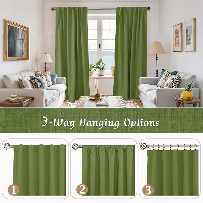 Sage Green Full Blackout Linen Curtains 54 Inch for Bedroom 2 Panels | Thermal Insulated Window Drapes, Privacy Protected, Burlap Panels, Rod Pocket Back Tab, with White Liner, 38 x 54 Inch