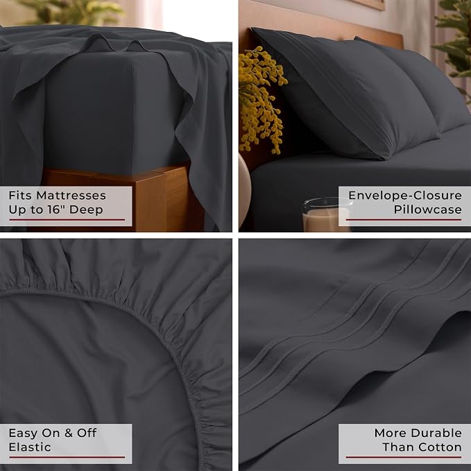Mellanni Iconic 4-Piece, Ultra Soft Sheet Set (Full, Charcoal) | 10M+ Sleepers. Lab-tested: Sleeps Cool, Stays Bright, Strong, Smooth. Good Housekeeping Best Bedding, 7 yrs running.